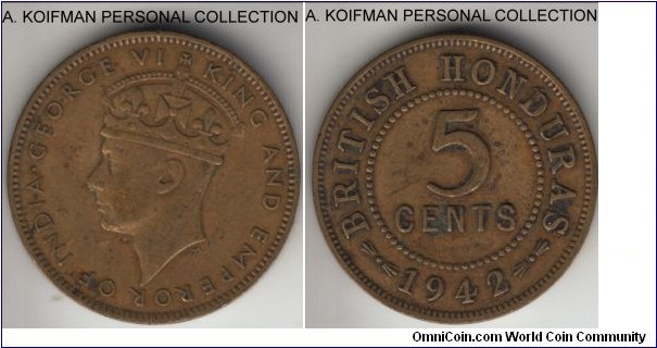 KM-22a, 1942 British Honduras 5 cents; nickel-brass, plain edge; fine, some sotting and pitting in places, scarce with the mintage of 30,000.