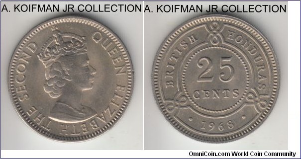 KM-29, 1968 British Honduras 25 cents; copper-nickel, reeded edge; Elizabeth II, larger mintage 125,000, but still scarce in high grade, uncirculated.