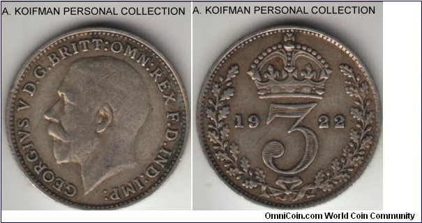 KM-813a, 1922 Great Britain 3 pence; silver, plain edge; average circulated very fine or so.