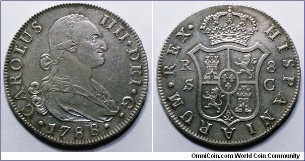 Spain, Charles IV, 8 Reales, 1788. 27.07g, 40.36mm, Silver. Assayer: C. (Carlos Jimenez Almaraz), Seville mint. KM# 432.2.