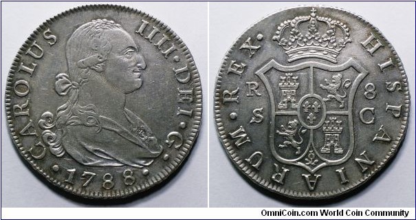 Spain, Charles IV, 8 Reales, 1788. 27.07g, 40.36mm, Silver. Assayer: C. (Carlos Jimenez Almaraz), Seville mint. KM# 432.2.
