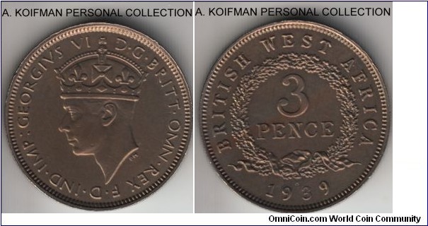 KM-21, 1938 British West Africa 3 pence, Heaton Mint (H mint mark); copper-nickel, security edge; lightly and colorfully toned uncirculated.