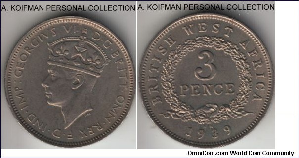 KM-21, 1939 British West Africa 3 pence, King Norton's mint (KN mint mark); copper-nickel, security edge; average uncirculated.