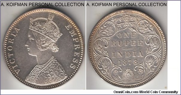 KM-492, 1878 British India rupee, Bombay mint (dot); silver, reeded edge; uncirculated, some chatter in the fields and few bagmarks.