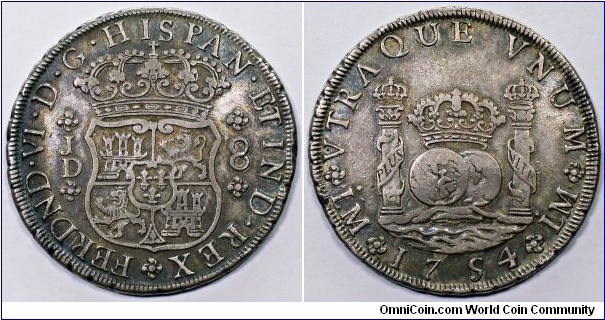 Spanish colonial, Peru, Ferdinand VI, 8 Reales, 1754. 26.71g, 40.04mm, Silver. Assayer J.D.(José Rodríguez Carasa y Domingo Eyzaguirre), Lima mint. Double dots. 