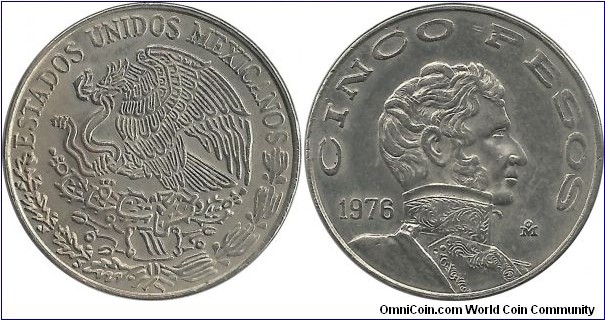 Mexico 5 Pesos 1976(large date)