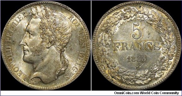 Belgium, 5 Francs (5 Frank), 1833. Position A. KM# 3.1. 25.1g, 37.1mm, 0.9000 Silver. 0.7234 ounce actual silver weight. Toned, PCGS MS62.