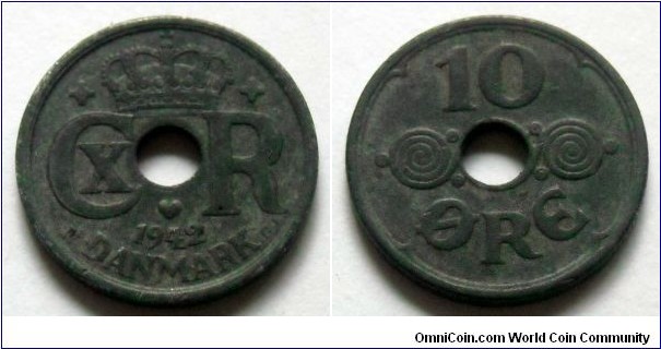 Denmark 10 ore.
1942, Zinc.