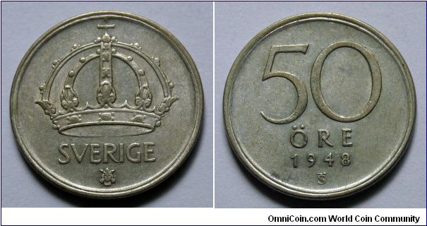 Sweden 50 ore.
1948, Ag 400.