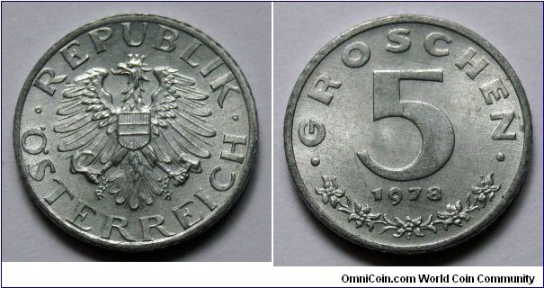 Austria 5 groschen.
1978, Zinc.