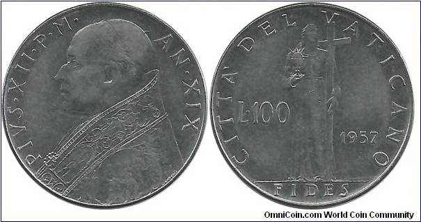 Vatican 100 Lire 1957 - Pope Pius XII