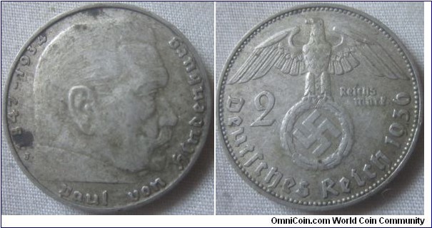 R2 rated 1936 J 2 Mark coin, mintage unknown, only other R2 coin in the series is 250k mintage, grade is VF+