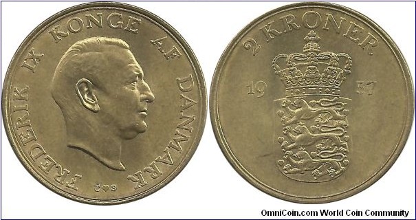 Denmark 2 Kroner 1957-Frederik IX (1947-1972)