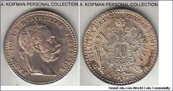 KM-2206, 1872 Austria 10 kreuzer; silver plain edge; a bit dirty but struck with good detail, several die breaks, common uncirculated.