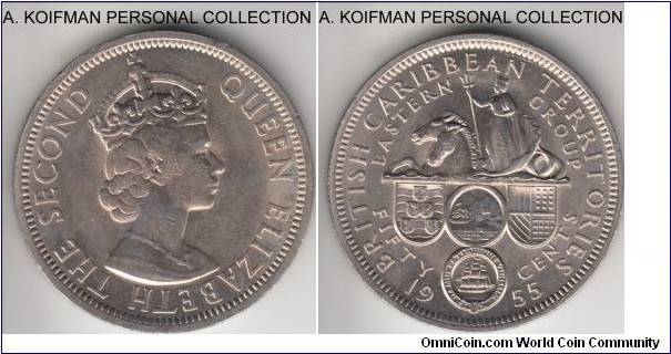 KM-7, 1955 British Caribbean Territories (East Caribbean) 50 cents; copper-nickel, reeded edge; average uncirculated, but quite lustrous.