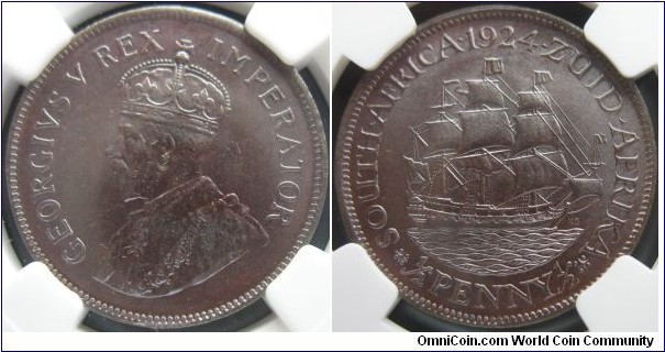 KM-13.1, 1924 South Africa 1/2 penny; bronze, plain edge; NGC graded MS 63 BN, mintage 64,000.