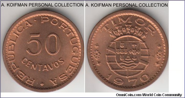 KM-18, 1970 Portuguese Timor 50 centavos; bronze, plain edge; mostly red, nice uncirculated.