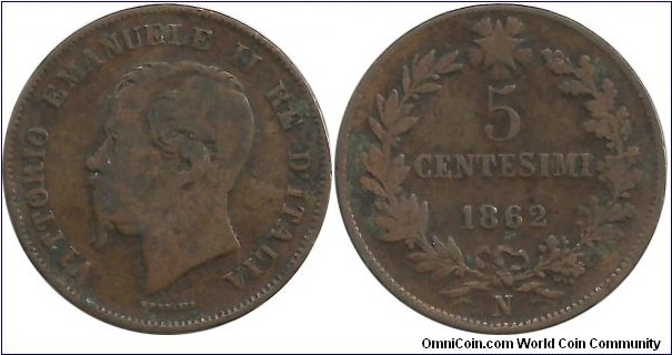 Italy-Kingdom 5 Centesimi 1862N