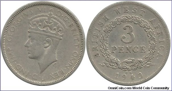 B.WestAfrica 3 Pence 1943KN