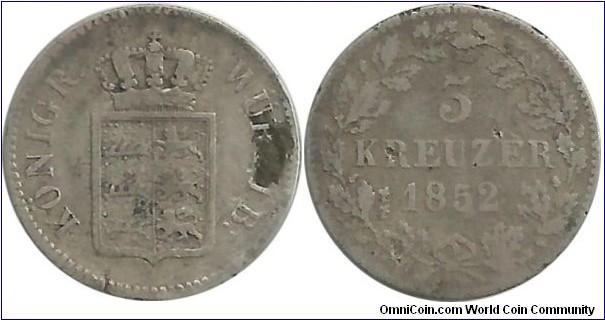 DeutschesReich-Wüerttemberg 3 Kreuzer 1852 (1.29 g / .333 Ag)