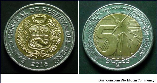 Peru 5 soles.
2016, Bimetal.