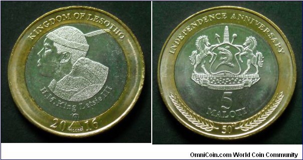 Lesotho 5 maloti.
2016, 50th Anniversary of Independence.
Bimetal.