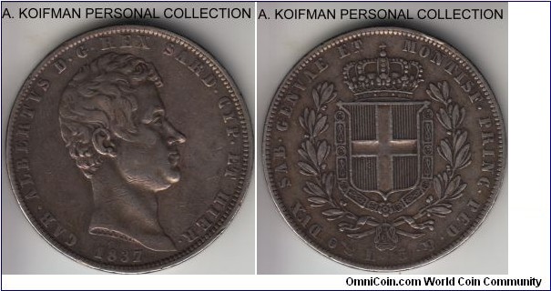KM-130.2, 1837 Italian State Sardinia 5 lire, Genoa mint (anchor mint mark); silver, lettered edge; about very fine, few minor edge issues.