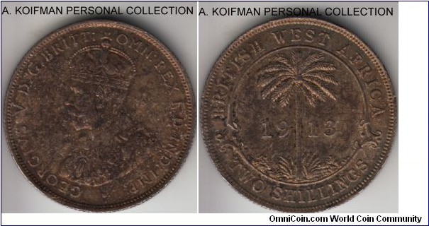 KM-13, 1913 British West Africa 2 shilling, Royal mint (no mint mark); silver, reeded edge; about uncirculated heavily toned, small flan defect, more common than the Heaton mint.