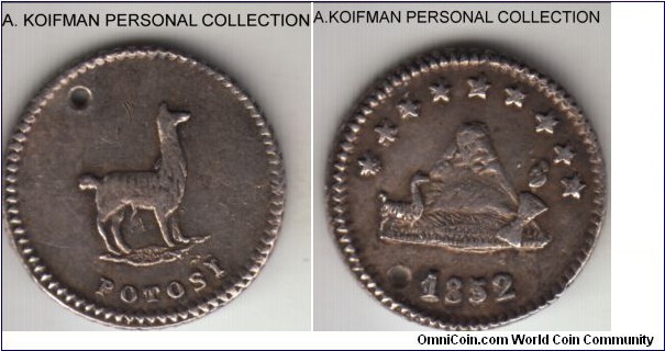 KM-111, 1852 Bolivia 1/4 sol; silver, reeded edge; pierced, as commonly found, small coin in good fine to very fine condition for wear.