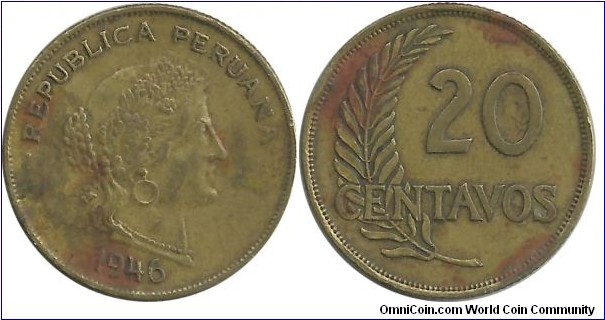 Peru 20 Centavos 1946