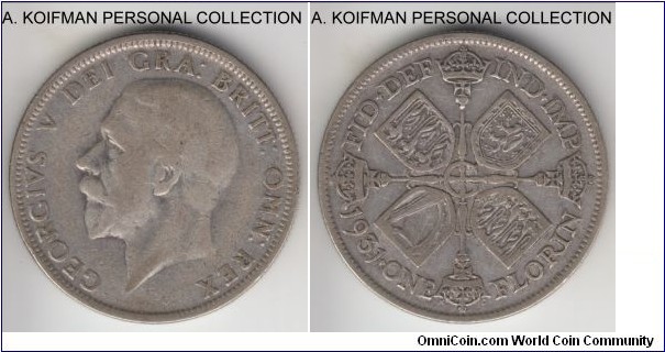 KM-834, 1931 Great Britain florin (2 shillings); silver, reeded edge; circulated, about very fine.