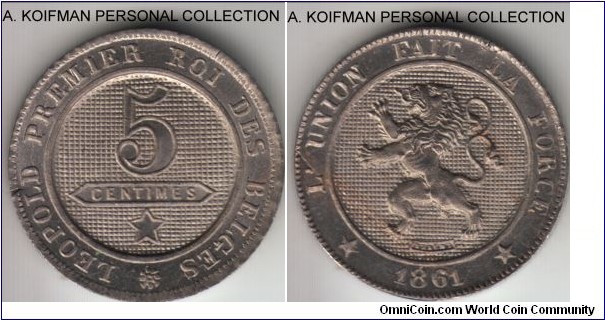 KM-21, 1861 Belgium 5 centimes; copper nickel, squares in the edge; brilliant uncirculated for wear, few flan cracks either from flan defects or cracked during the mint strike.