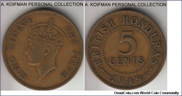 KM-25, 1949 British Honduras 5 cents; nickel-brass, plain edge; well circulated, scarce mintage of 40,000.
