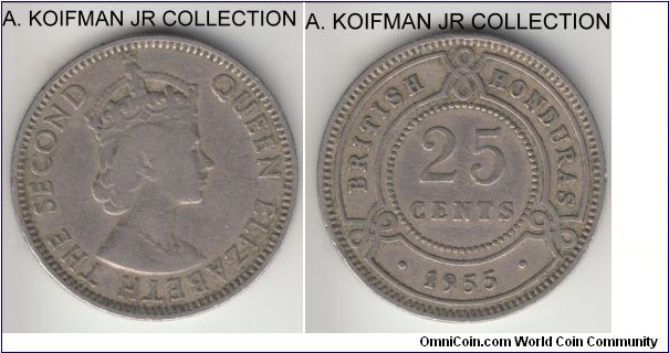 KM-29, 1955 British Honduras 25 cents; copper-nickel, reeded edge; earlier Elizabeth II, first year of the type and heavily circulated as the next coinage was 5 years later, mintage of 75,000, average circulated condition.