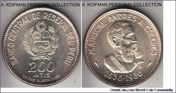 KM-299, 1986 Peru 200 intis; silver, reeded edge; 150'th anniversary of Marshal Caceres birth, bright uncirculated.