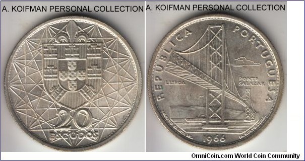 KM-592, 1966 Portugal 20 escudos; silver, reeded edge; Opening of Salasar bridge commemorative, slightly better than average uncirculated.