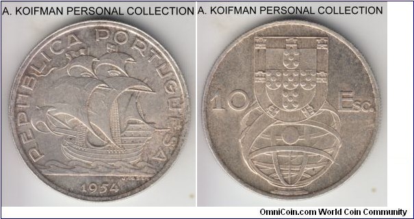 KM-586, 1954 Portugal 10 escudos; silver, reeded edge; common two-year type coin, pleasantly toned, about uncirculated or almost.