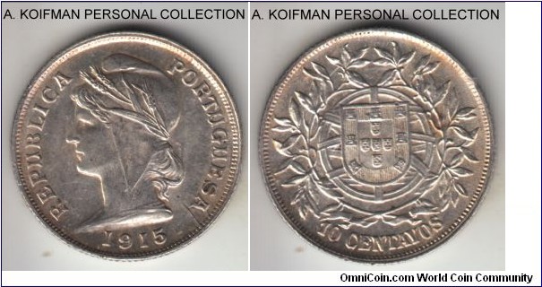 KM-563, 1915 Portugal 10 centavos; silver, reeded edge; good extra fine, a bit dirty, it is a common nice little coin.