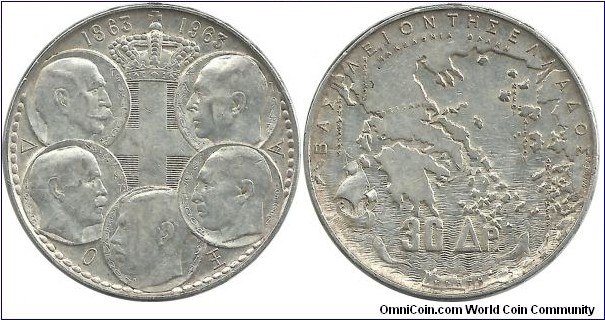 GreeceKingdom 30 Drahmi 1963 - another good cond. coin (18.00 g / .835 Ag)