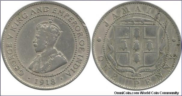 Jamaica 1 Penny 1918C (mintmark C=Canada Ottawa)
