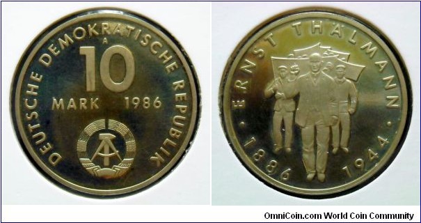 German Democratic Republic (East Germany) 10 mark. 1986, 100th Anniversary of Birth of Ernst Thalmann. Rare proof variety. Mintage: 4.000 pieces.