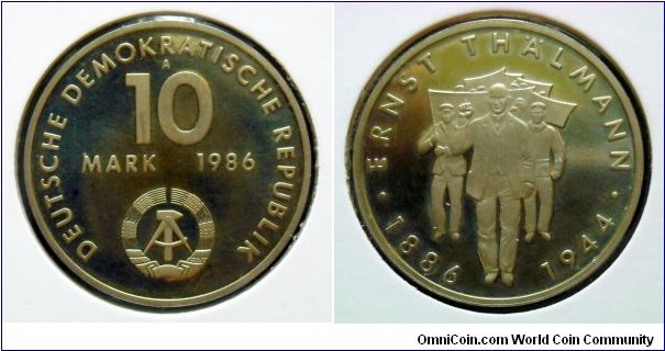 German Democratic Republic (East Germany) 10 mark. 1986, 100th Anniversary of Birth of Ernst Thalmann. Rare proof variety. Mintage: 4.000 pieces.