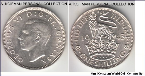 KM-853, 1945 Great Britain shilling, English crest; silver, reeded edge; bright white almost uncirculated.
