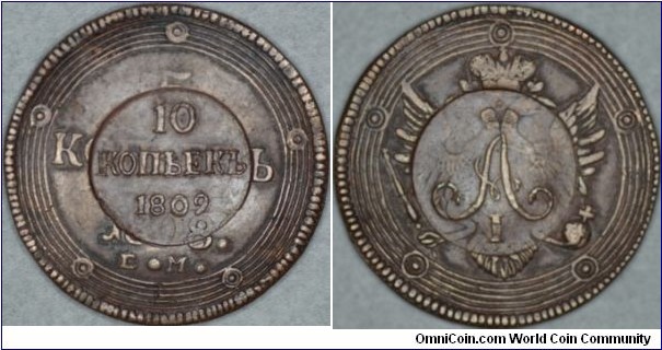 Copper 10 kopeks 1809 over 5 kopeks 1808.Later made?...