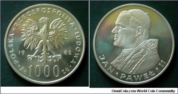 Poland 1000 złotych.
1982, Pope John Paul II. Ag 750. I have more then 10 pieces in my collection. Quite popular and easy to find in 
Poland.