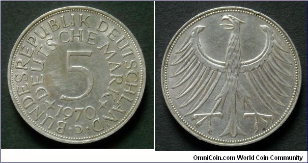 Germany (German Federal Republic) West Germany 5 mark.
1970, Ag 625. Mintmark D - Munich.