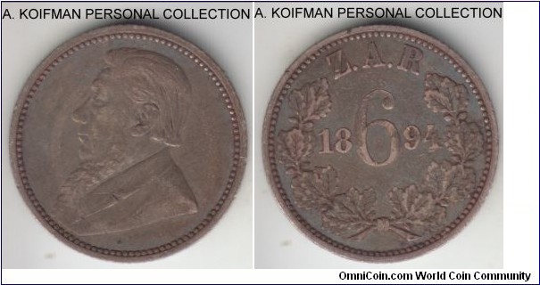 KM-4, 1894 South Africa 6 pence; silver, reeded edge; good very fine, dark toned.