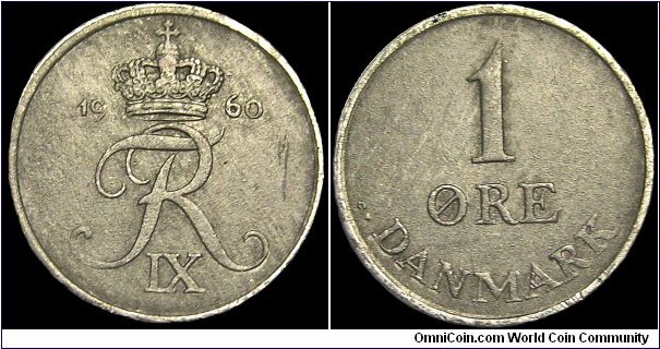 Denmark - 1 Öre - 1960 - Weight 1,6 gr - Zinc - Size 16 mm - Thickness 1,25 mm - Alignment Medal (0°) - Mint Copenhagen / Denmark - Period : King Frederick IX (1947-1972) - Edge : Smooth - Reference KM# 839 (1948-1972)