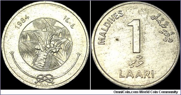 Maldives - 1 Laari - 1404 / 1984 - Weight 0,456 gr - Aluminium - Size 15 mm - Alignment Medal (0°) - Edge : Smooth - Reference KM# 68 (1984-2002)