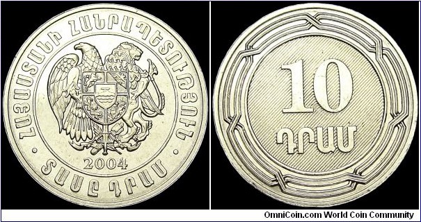 Armenia - 10 Dram - 2004 - Weight 1,3 gr - Aluminium - Size 20 mm - Thickness 1,85 mm - Alignment Medal (0°) - Obverse:National Arms - Edge : Milled - Reference KM# 112 (2004)